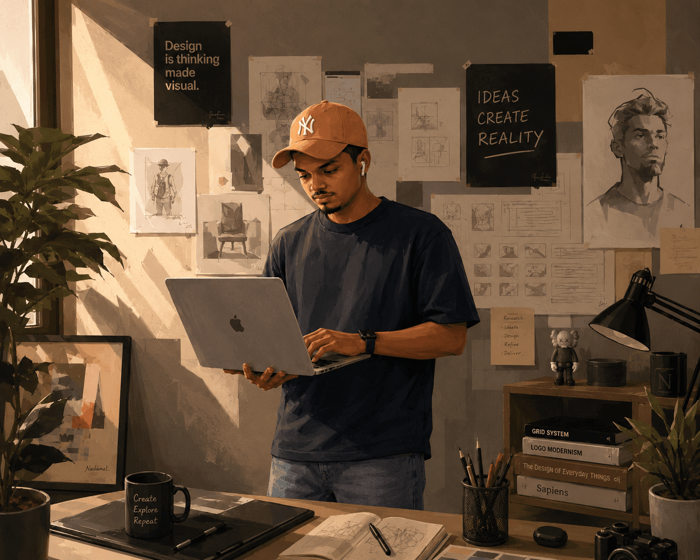 Nadamel working at his design desk, surrounded by sketches and design books